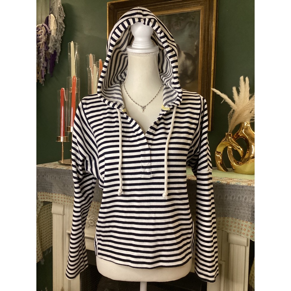 Jane + Delancey‎ Womens Navy Blue White Striped Hooded Pullover Shirt Size M